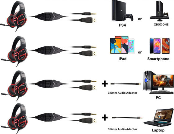 Komc G325 Over Ear Gaming Headset Black/Red (3.5mm / USB) - Image 2