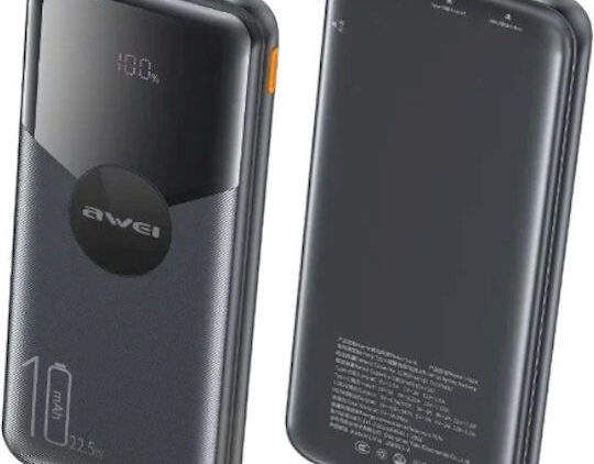 Awei P63K Power Bank 10000mAh 22.5W με 2 Θύρες USB-A και Θύρα USB-C Μαύρο