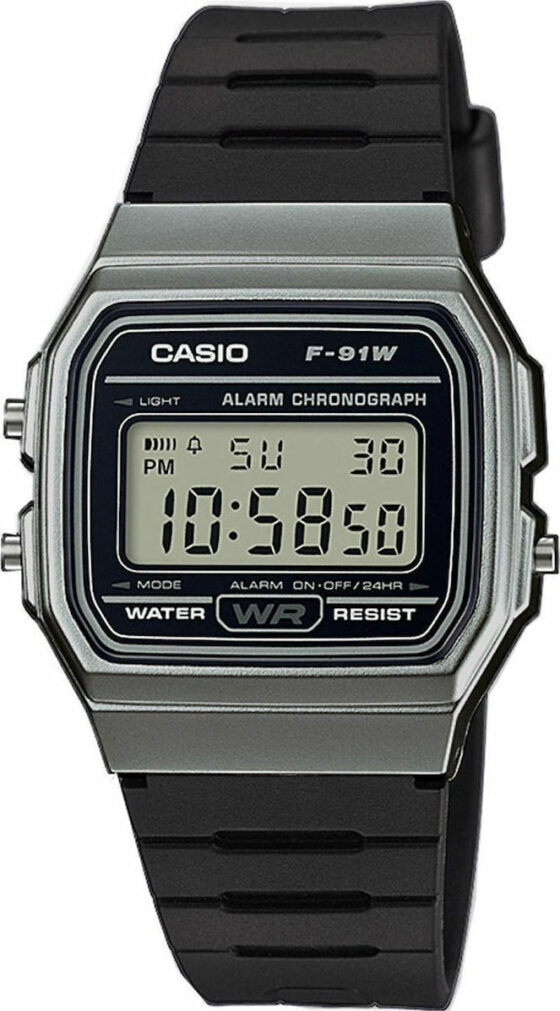 Casio Collection Ψηφιακό Ρολόι Χρονογράφος Μπαταρίας με Μαύρο Καουτσούκ Λουράκι F-91WM-1BEF