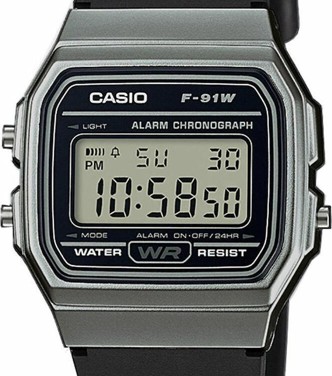 Casio Collection Ψηφιακό Ρολόι Χρονογράφος Μπαταρίας με Μαύρο Καουτσούκ Λουράκι F-91WM-1BEF