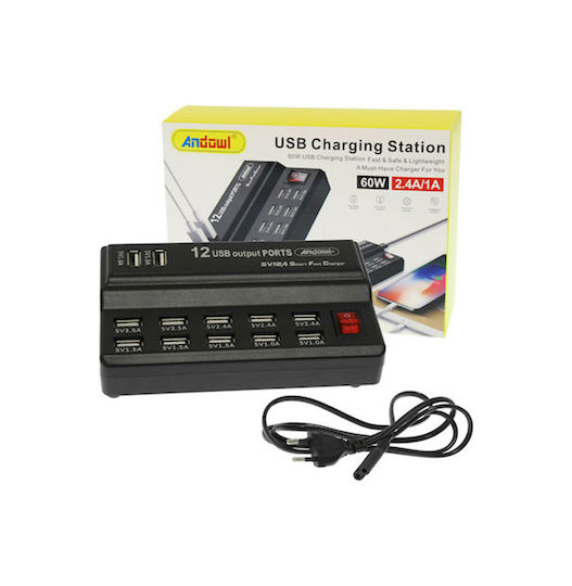 Andowl Βάση Φόρτισης με 12 Θύρες USB-A 60W σε Μαύρο χρώμα (Q-CD10P)