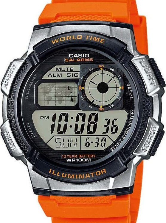 Casio World Time Illuminator με Πορτοκαλί Καουτσούκ Λουράκι AE-1000W-4BVEF