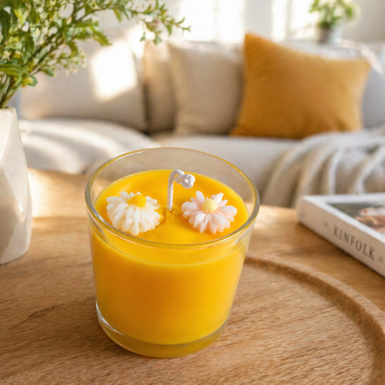 Sweet Flame – Χειροποίητο Αρωματικό Κερί Σόγιας “Fresh Orange” με Διακοσμητικά Λουλούδια